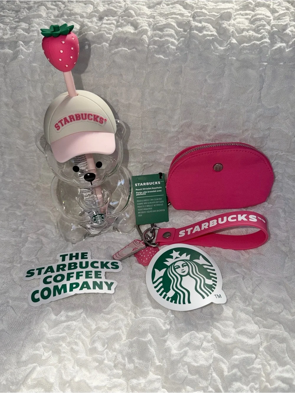 Starbucks Pink Bearista Glass Cup and Pink Pouch Keychain Bundle - Authentic